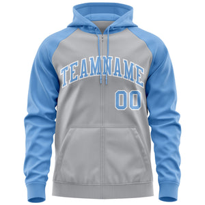 Custom Stitched Gray Light Blue-White Raglan Sleeves Sports Full-Zip Sweatshirt Hoodie