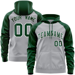 Custom Stitched Gray Green-White Raglan Sleeves Sports Full-Zip Sweatshirt Hoodie