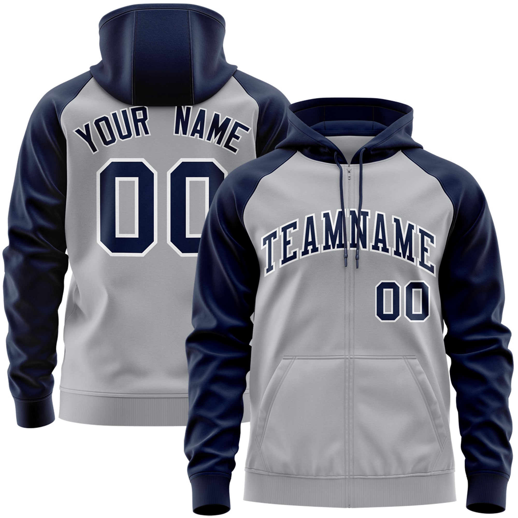 Custom Stitched Gray Navy-White Raglan Sleeves Sports Full-Zip Sweatshirt Hoodie