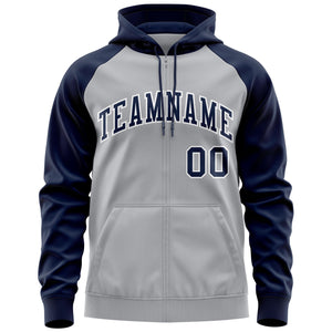 Custom Stitched Gray Navy-White Raglan Sleeves Sports Full-Zip Sweatshirt Hoodie