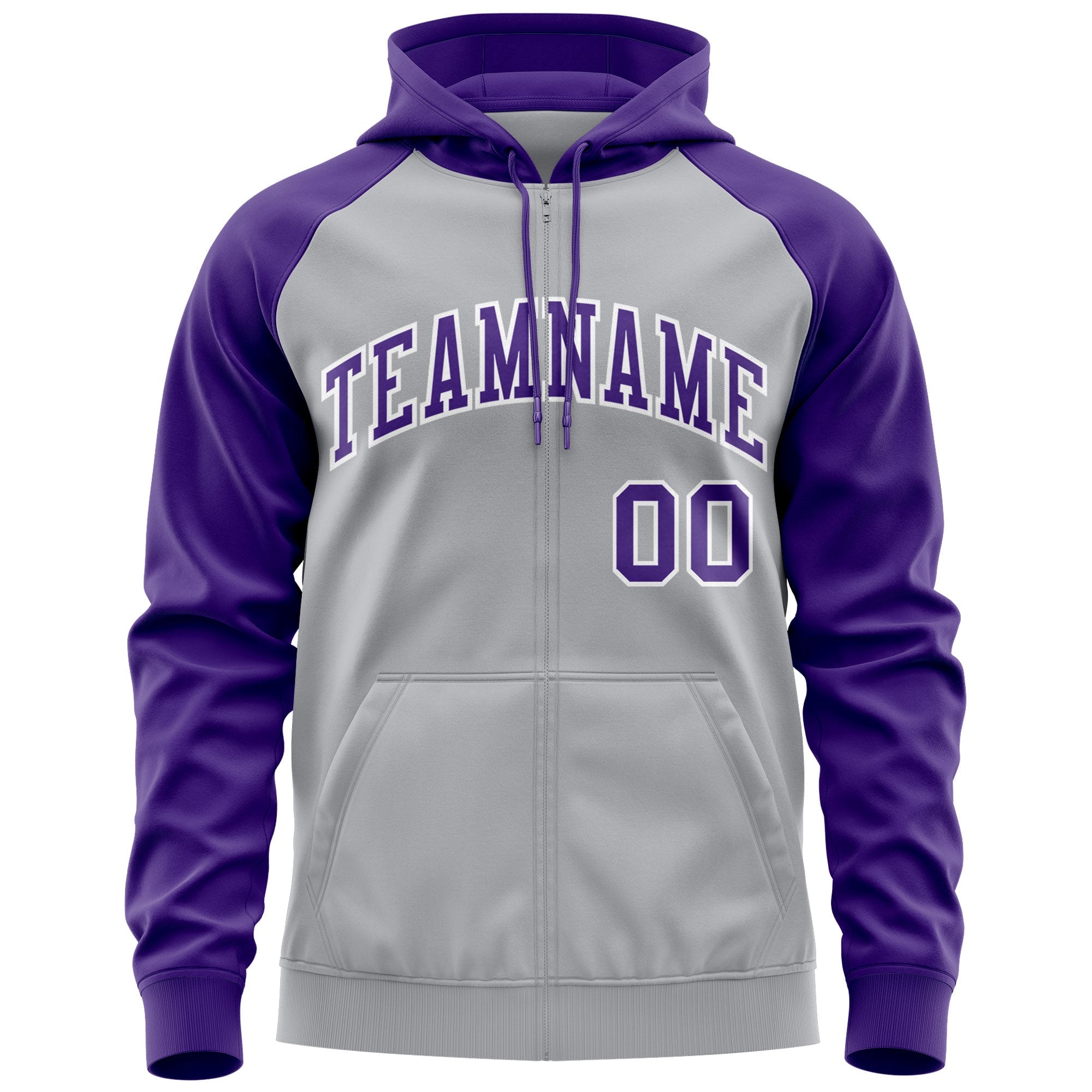 Custom Stitched Gray Purple-White Raglan Sleeves Sports Full-Zip Sweatshirt Hoodie