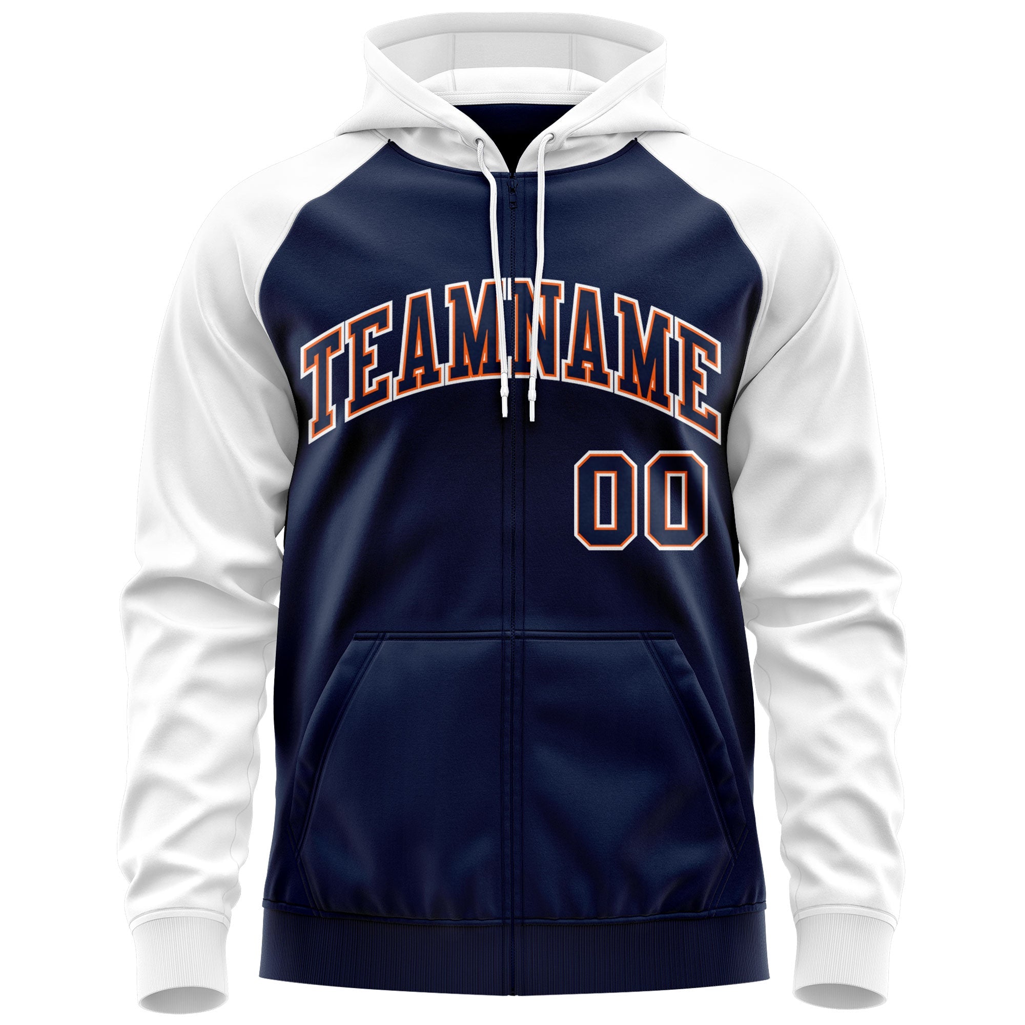 Custom Stitched Navy Orange-White Raglan Sleeves Sports Full-Zip Sweatshirt Hoodie