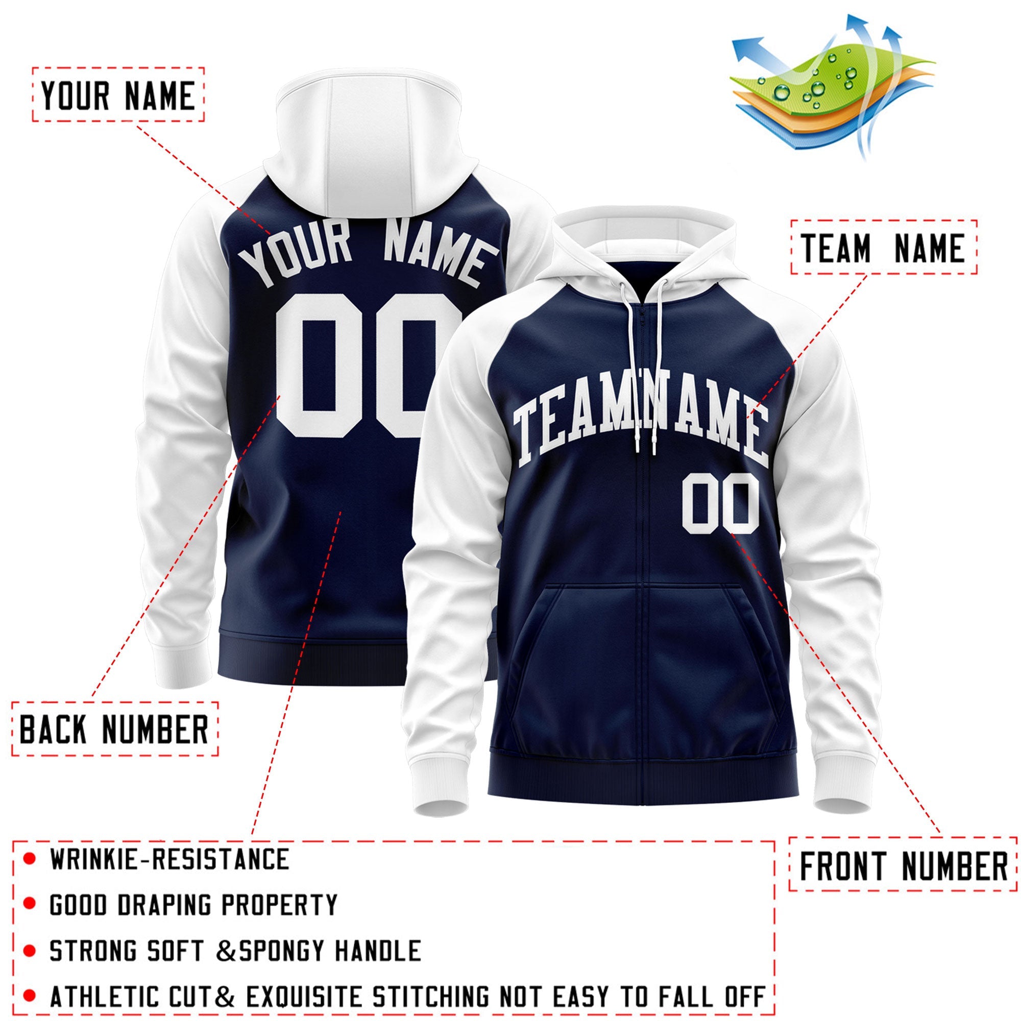 Custom Stitched Navy White Raglan Sleeves Sports Full-Zip Sweatshirt Hoodie