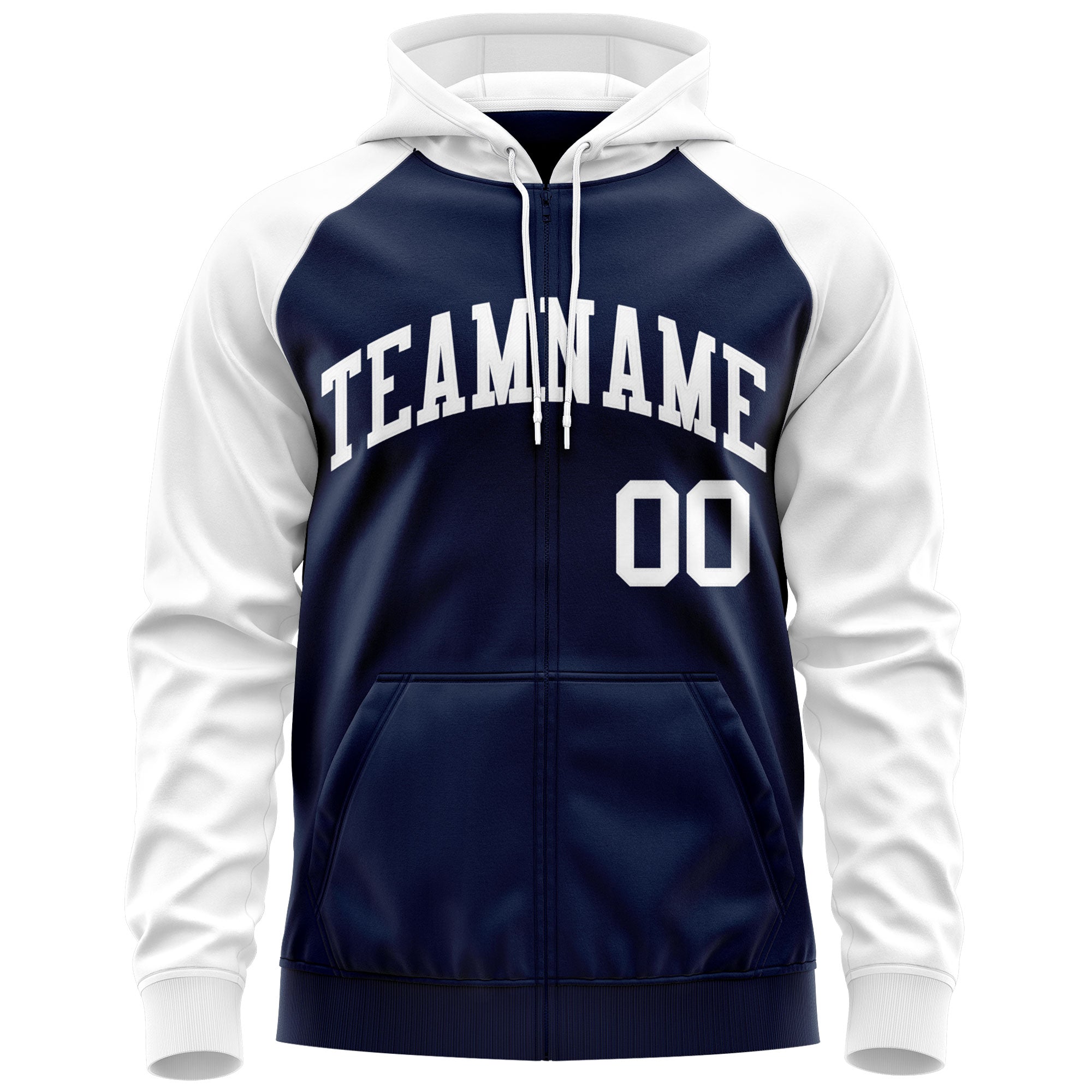 Custom Stitched Navy White Raglan Sleeves Sports Full-Zip Sweatshirt Hoodie