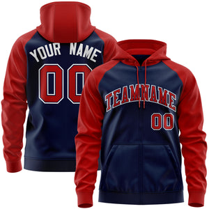 Custom Stitched Navy Red-White Raglan Sleeves Sports Full-Zip Sweatshirt Hoodie