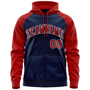 Custom Stitched Navy Red-White Raglan Sleeves Sports Full-Zip Sweatshirt Hoodie