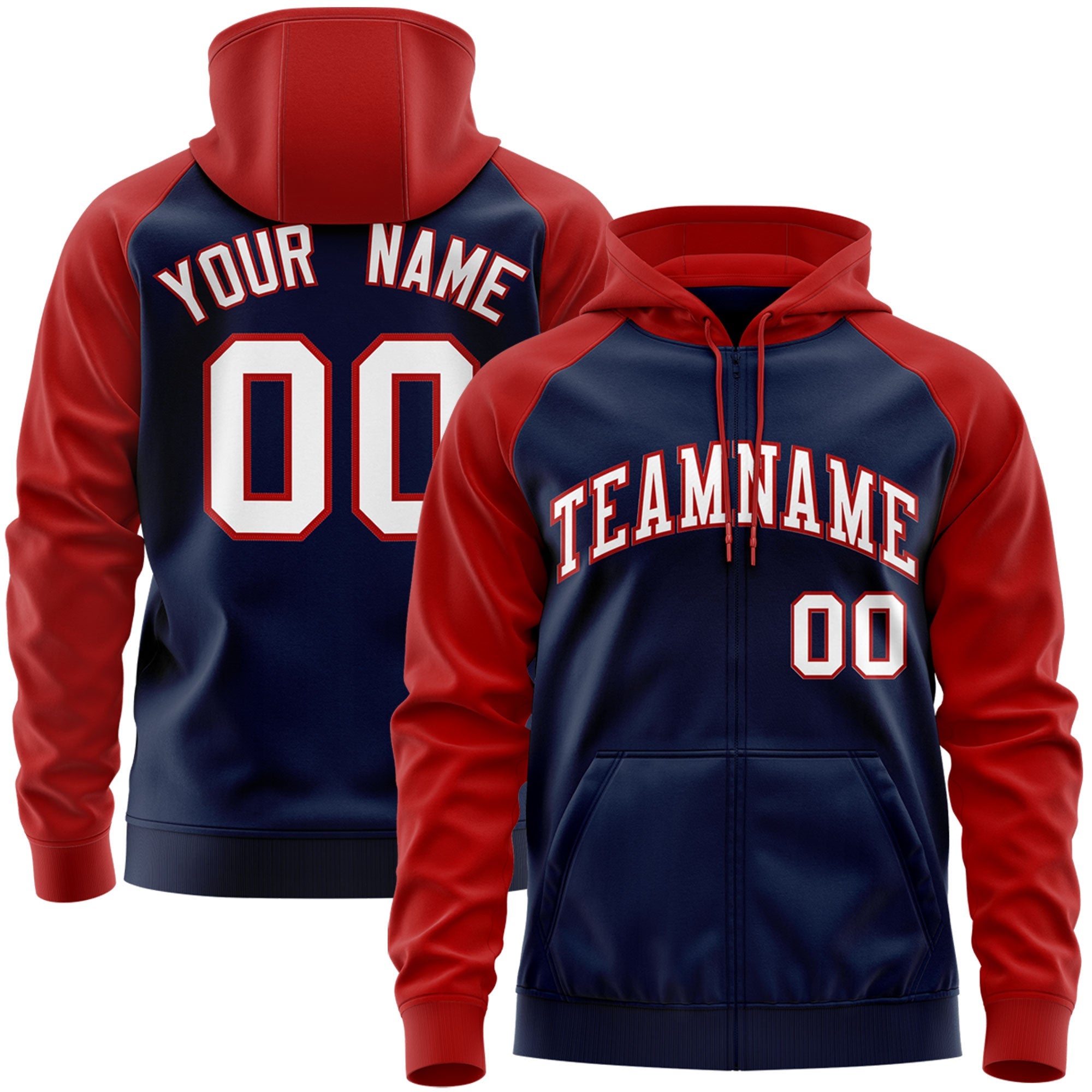 Custom Stitched Navy White-Red Raglan Sleeves Sports Full-Zip Sweatshirt Hoodie