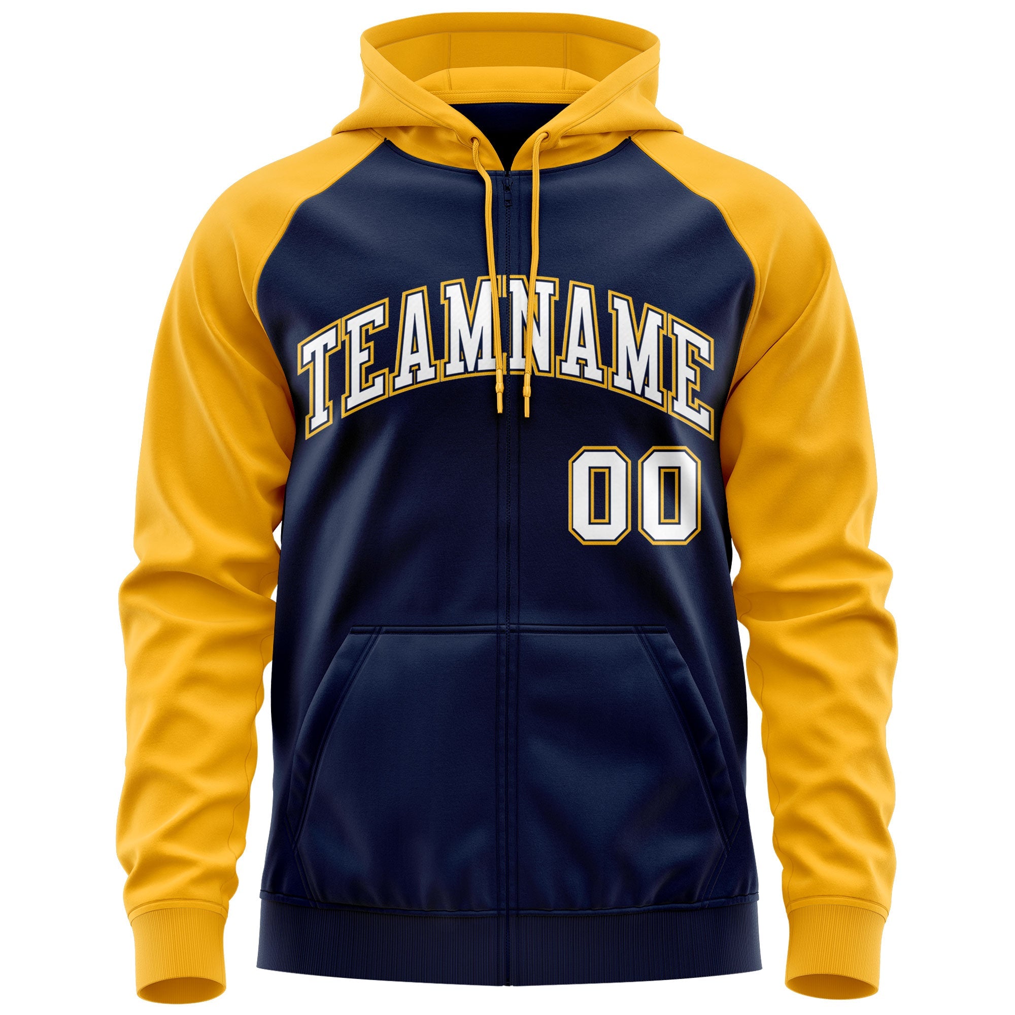 Custom Stitched Navy White-Gold Raglan Sleeves Sports Full-Zip Sweatshirt Hoodie