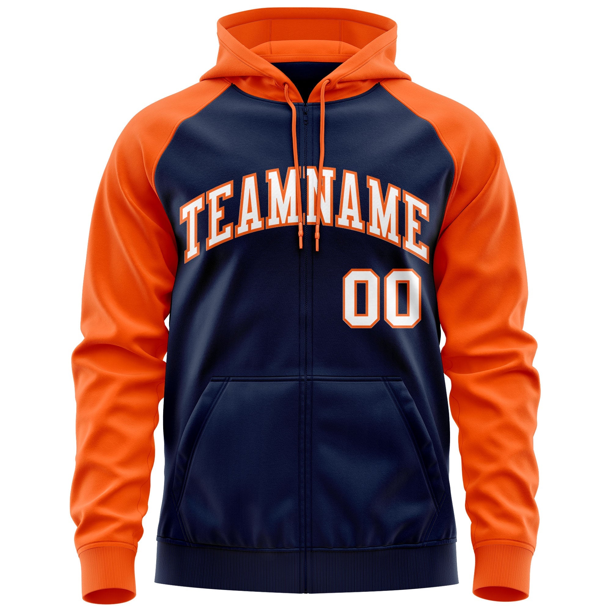 Custom Stitched Navy White-Orange Raglan Sleeves Sports Full-Zip Sweatshirt Hoodie