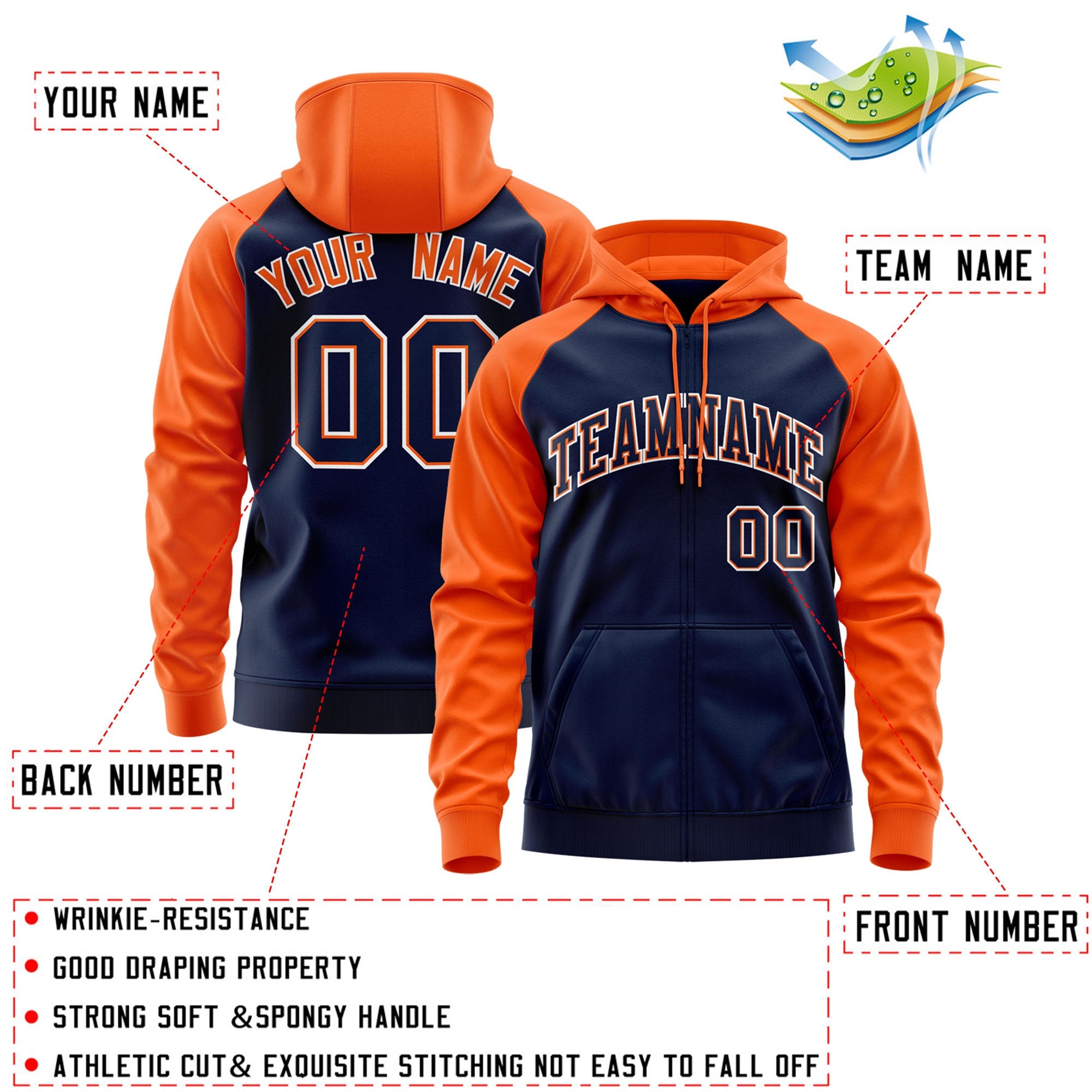 Custom Stitched Navy Orange-White Raglan Sleeves Sports Full-Zip Sweatshirt Hoodie