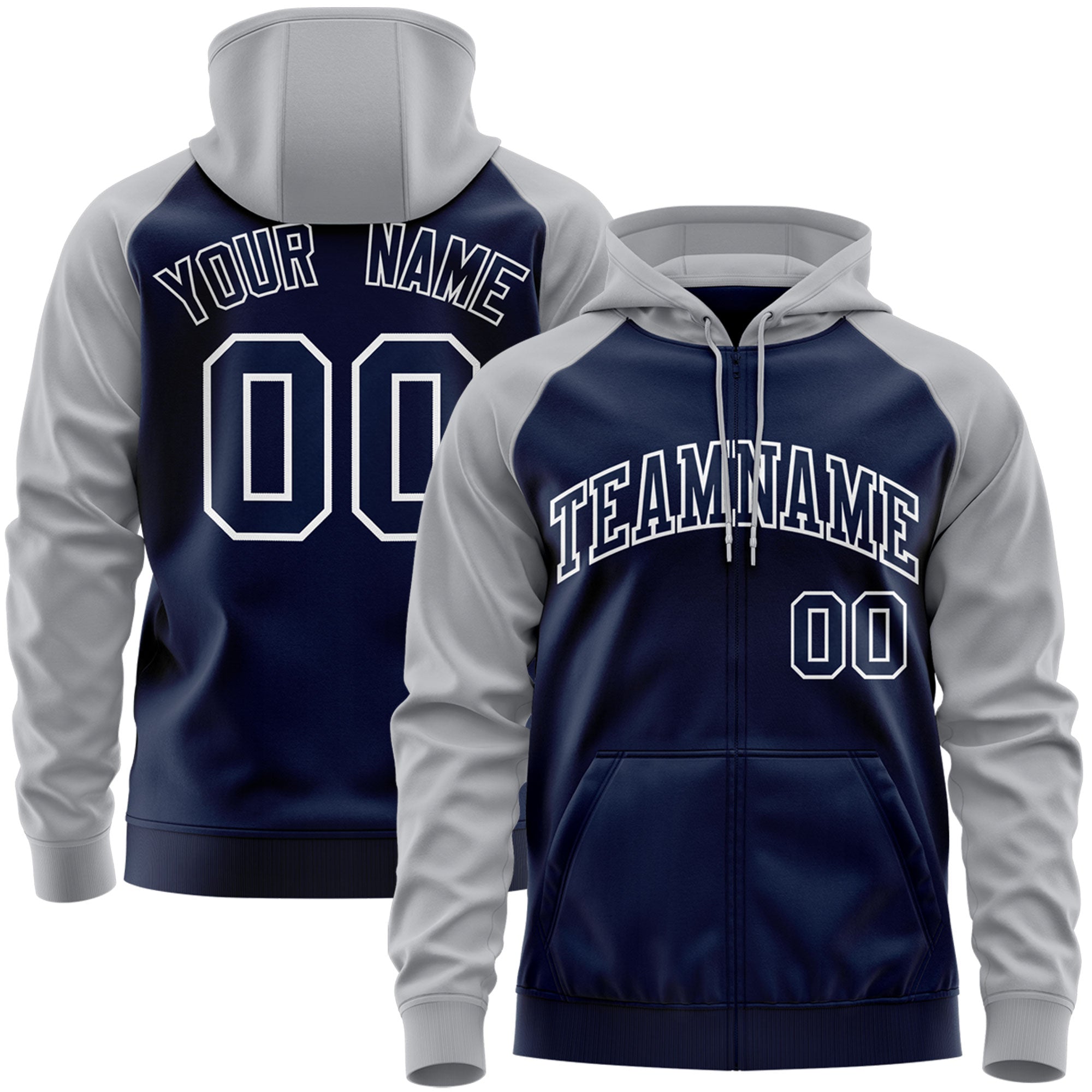 Custom Stitched Navy White-Gray Raglan Sleeves Sports Full-Zip Sweatshirt Hoodie