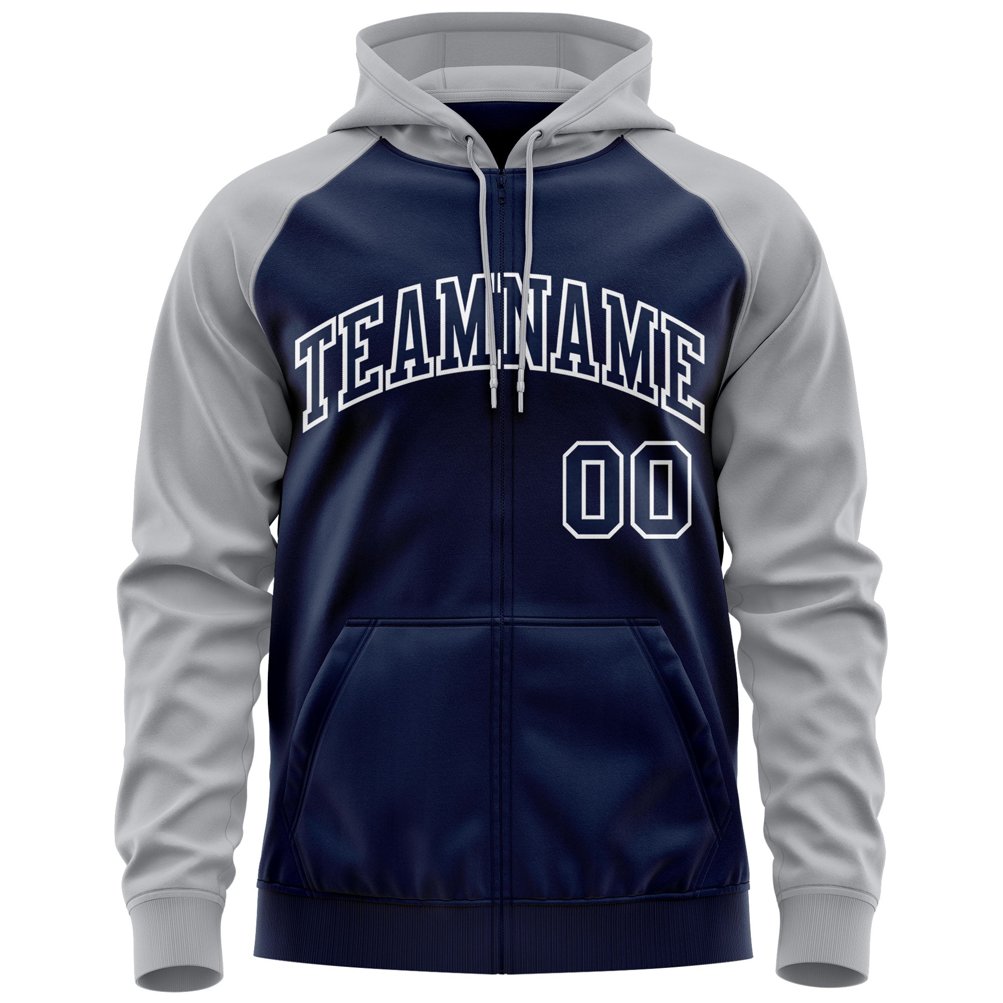 Custom Stitched Navy White-Gray Raglan Sleeves Sports Full-Zip Sweatshirt Hoodie