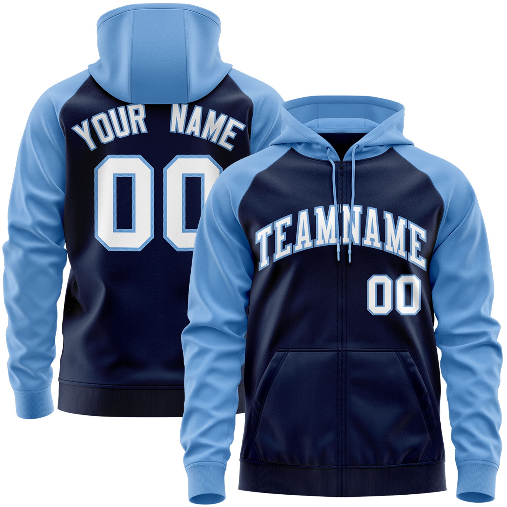 Custom Stitched Navy White-Light Blue Raglan Sleeves Sports Full-Zip Sweatshirt Hoodie