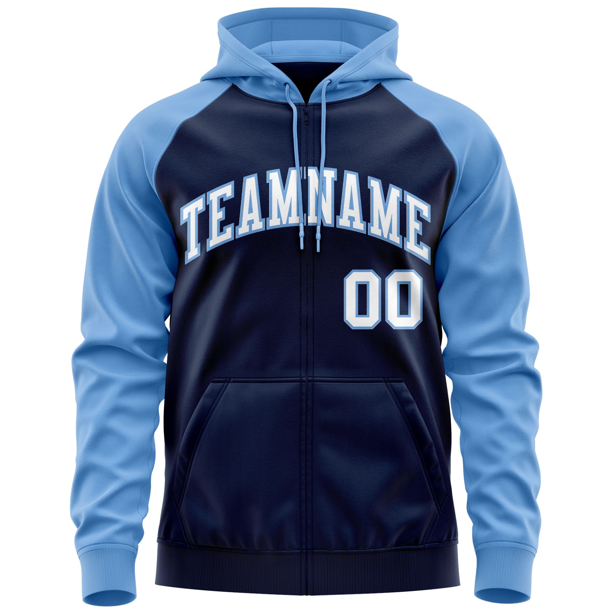 Custom Stitched Navy White-Light Blue Raglan Sleeves Sports Full-Zip Sweatshirt Hoodie