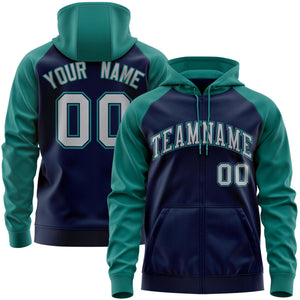 Custom Stitched Navy Gray-Aqua Raglan Sleeves Sports Full-Zip Sweatshirt Hoodie