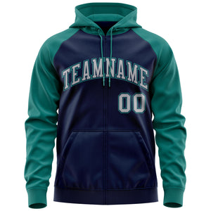 Custom Stitched Navy Gray-Aqua Raglan Sleeves Sports Full-Zip Sweatshirt Hoodie