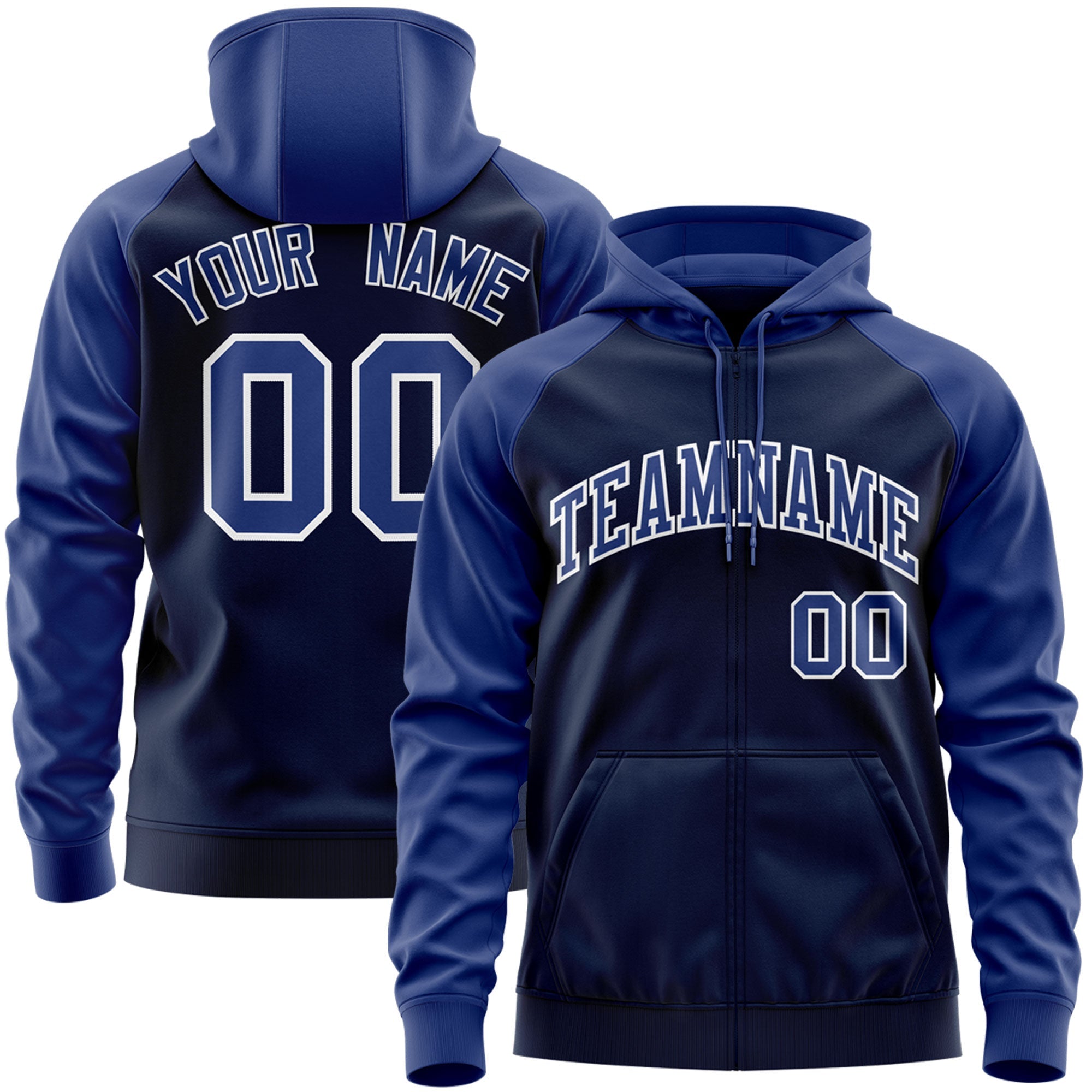 Custom Stitched Navy Royal-White Raglan Sleeves Sports Full-Zip Sweatshirt Hoodie