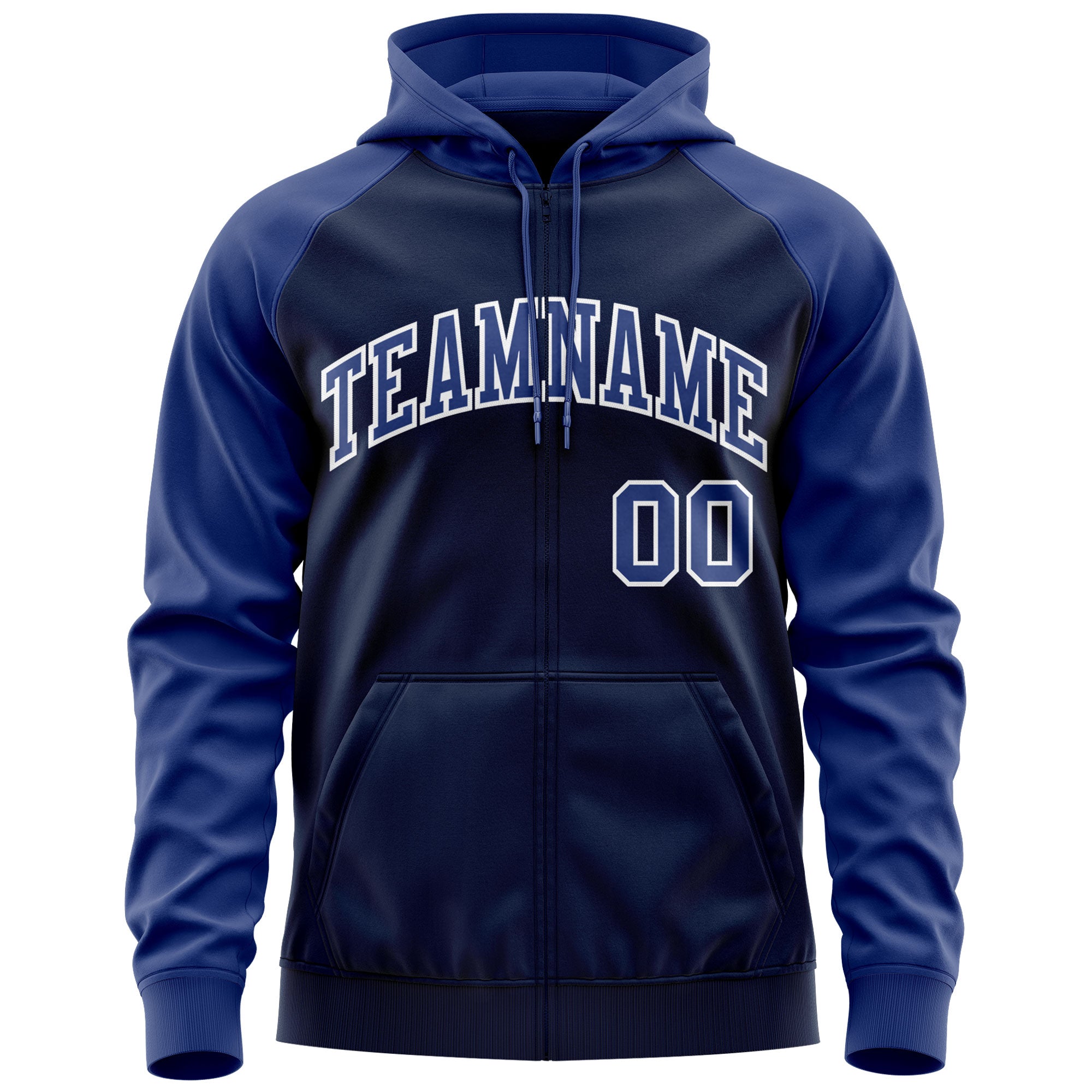 Custom Stitched Navy Royal-White Raglan Sleeves Sports Full-Zip Sweatshirt Hoodie