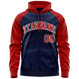 Custom Stitched Navy Red-White Raglan Sleeves Sports Full-Zip Sweatshirt Hoodie