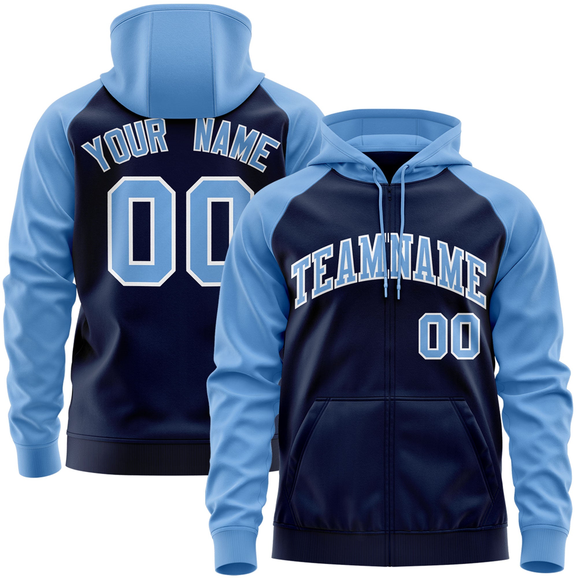 Custom Stitched Navy Light Blue-White Raglan Sleeves Sports Full-Zip Sweatshirt Hoodie