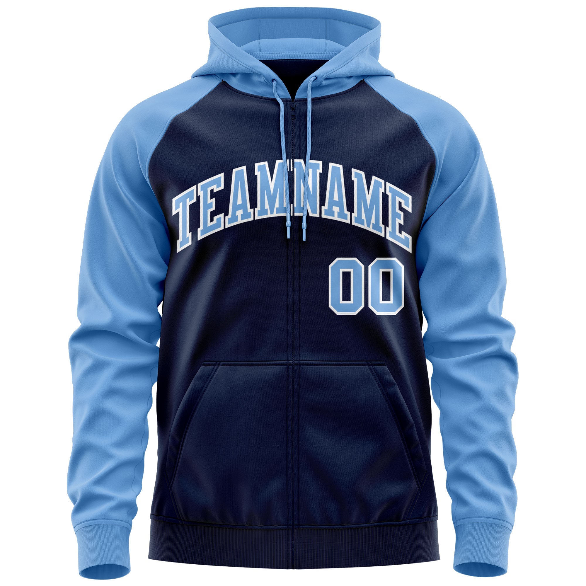 Custom Stitched Navy Light Blue-White Raglan Sleeves Sports Full-Zip Sweatshirt Hoodie