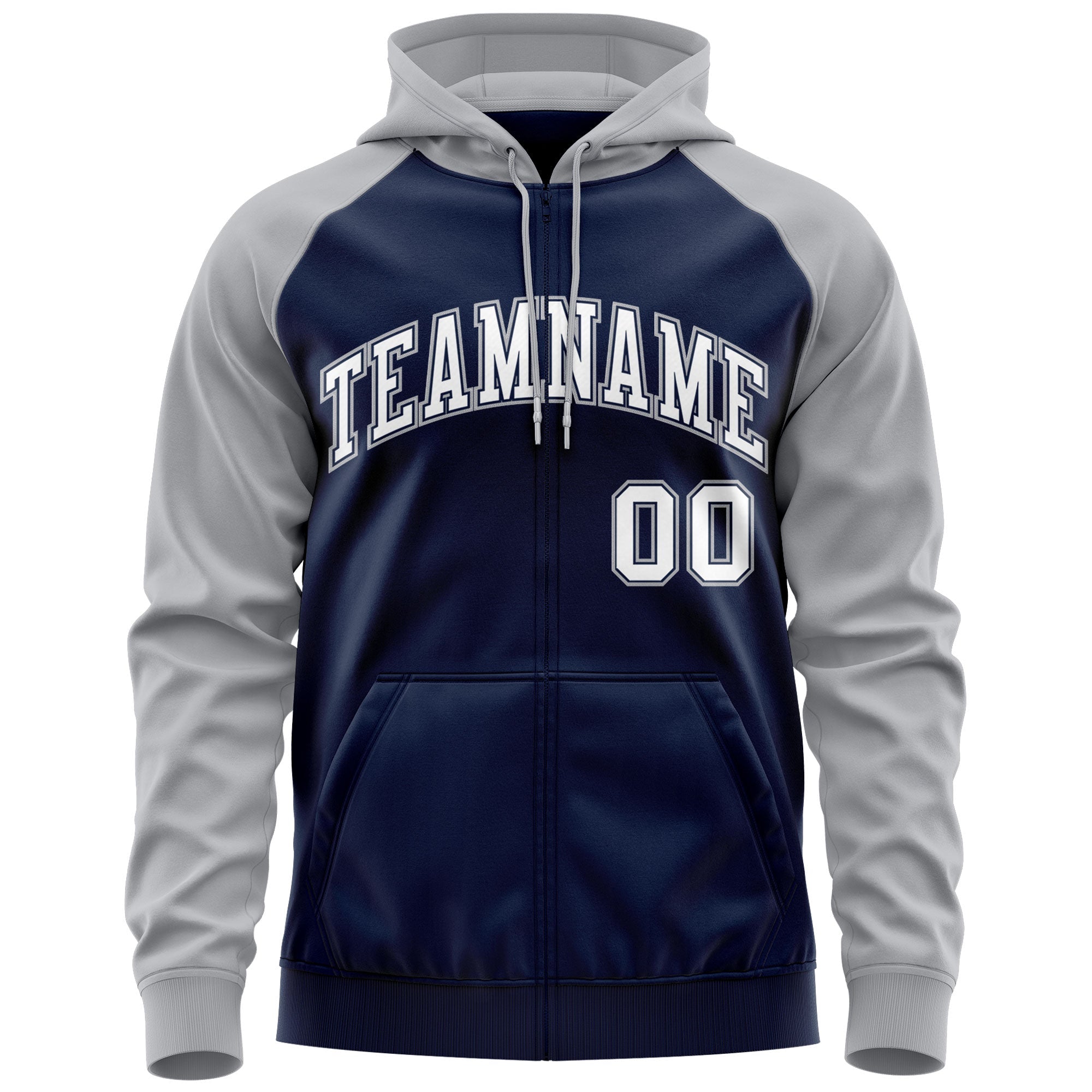 Custom Stitched Navy White-Gray Raglan Sleeves Sports Full-Zip Sweatshirt Hoodie