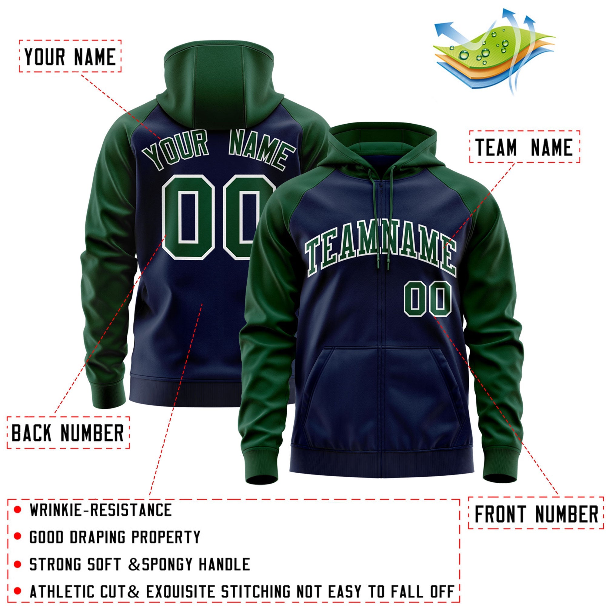 Custom Stitched Navy Green-White Raglan Sleeves Sports Full-Zip Sweatshirt Hoodie