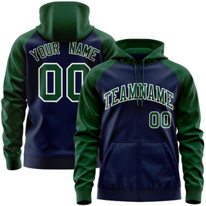 Custom Stitched Navy Green-White Raglan Sleeves Sports Full-Zip Sweatshirt Hoodie