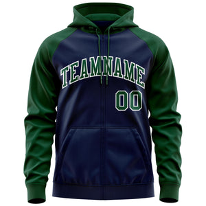 Custom Stitched Navy Green-White Raglan Sleeves Sports Full-Zip Sweatshirt Hoodie