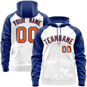 Custom Stitched White Royal-Orange Raglan Sleeves Sports Full-Zip Sweatshirt Hoodie