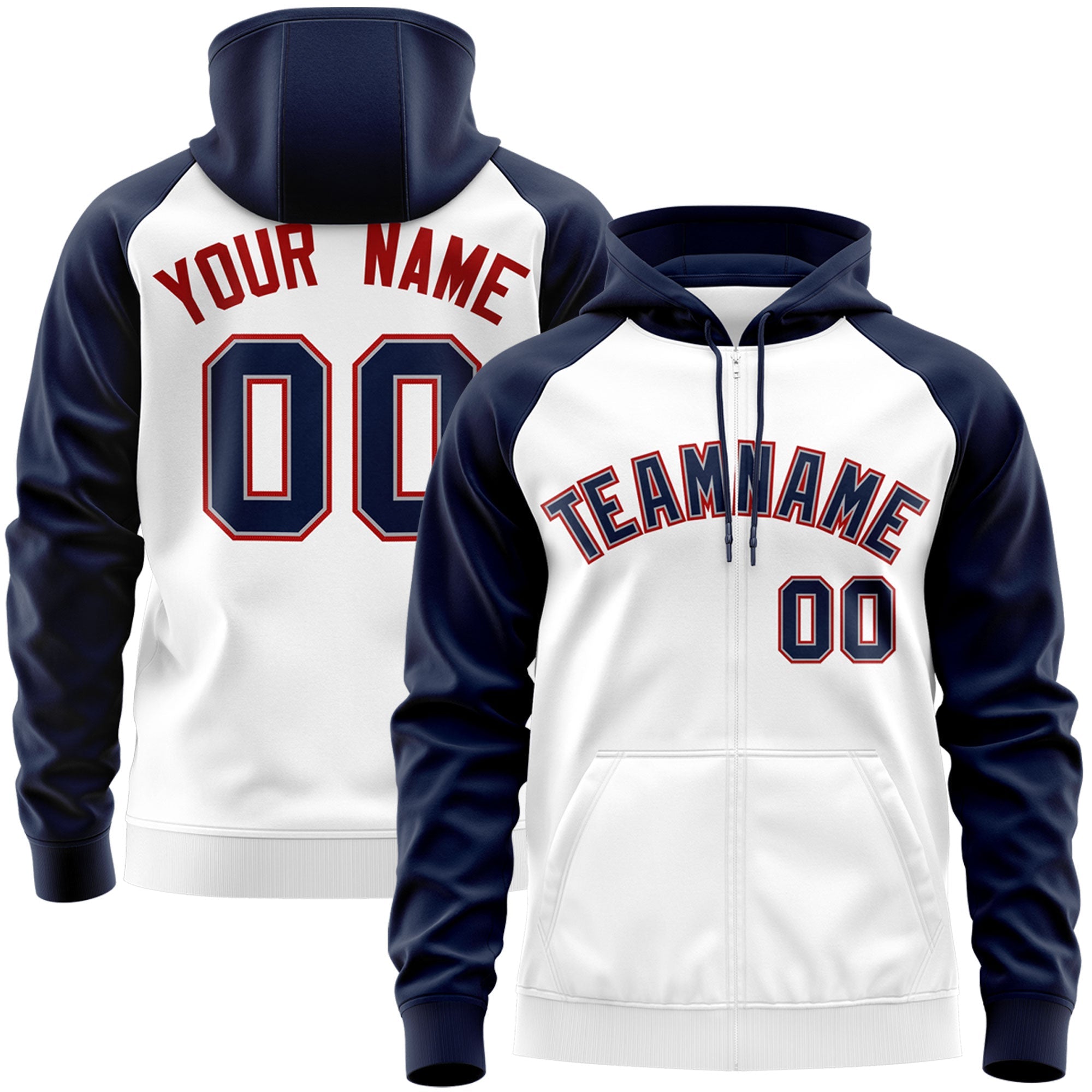 Custom Stitched White Navy-Red Raglan Sleeves Sports Full-Zip Sweatshirt Hoodie