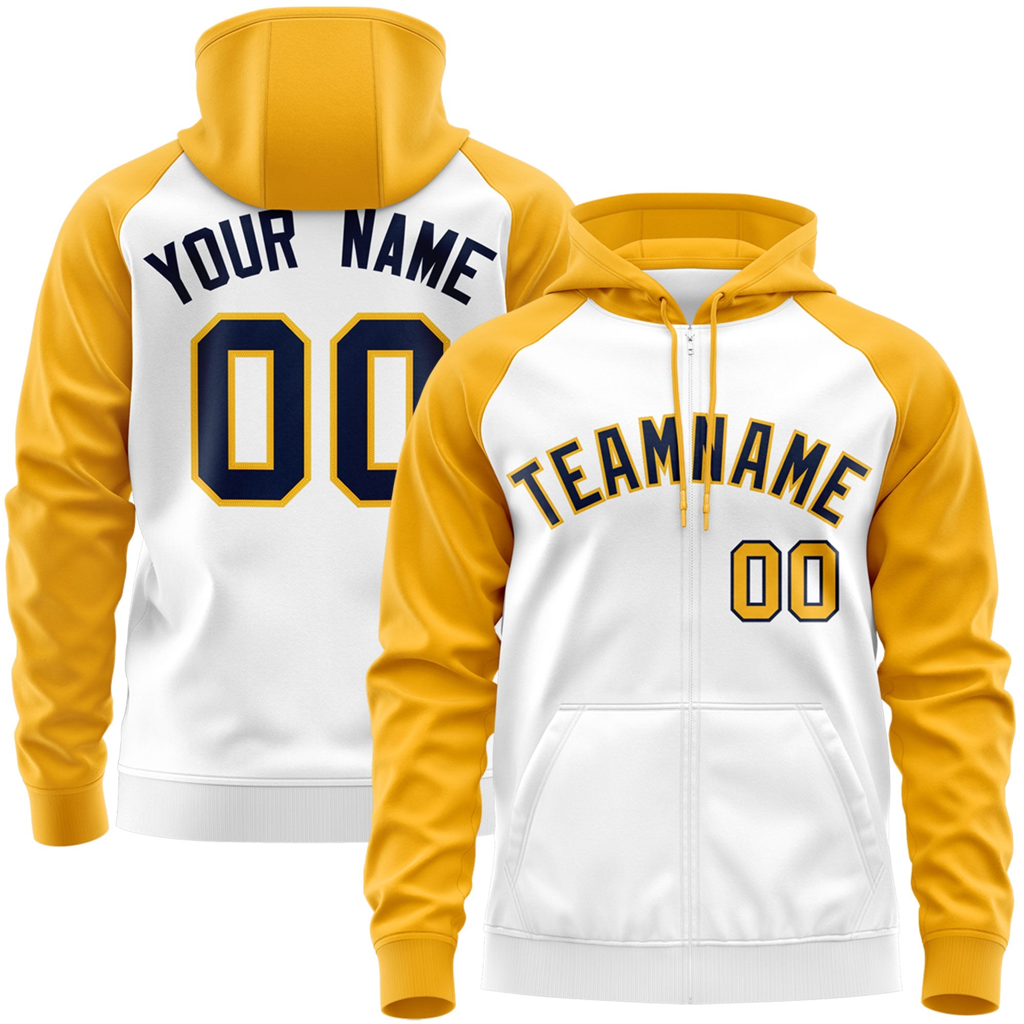 Custom Stitched White Navy-Gold Raglan Sleeves Sports Full-Zip Sweatshirt Hoodie