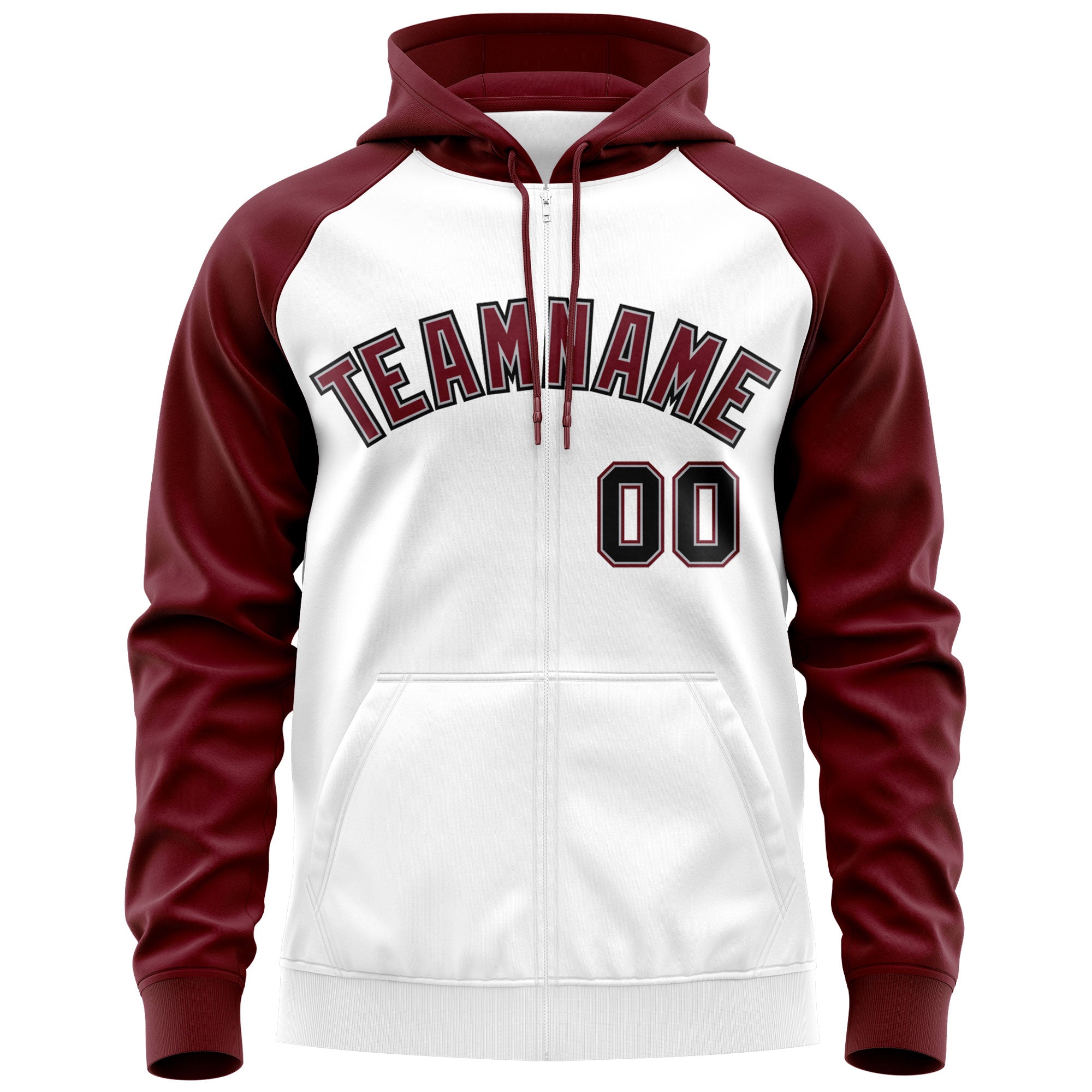 Custom Stitched White Crimson-Black Raglan Sleeves Sports Full-Zip Sweatshirt Hoodie