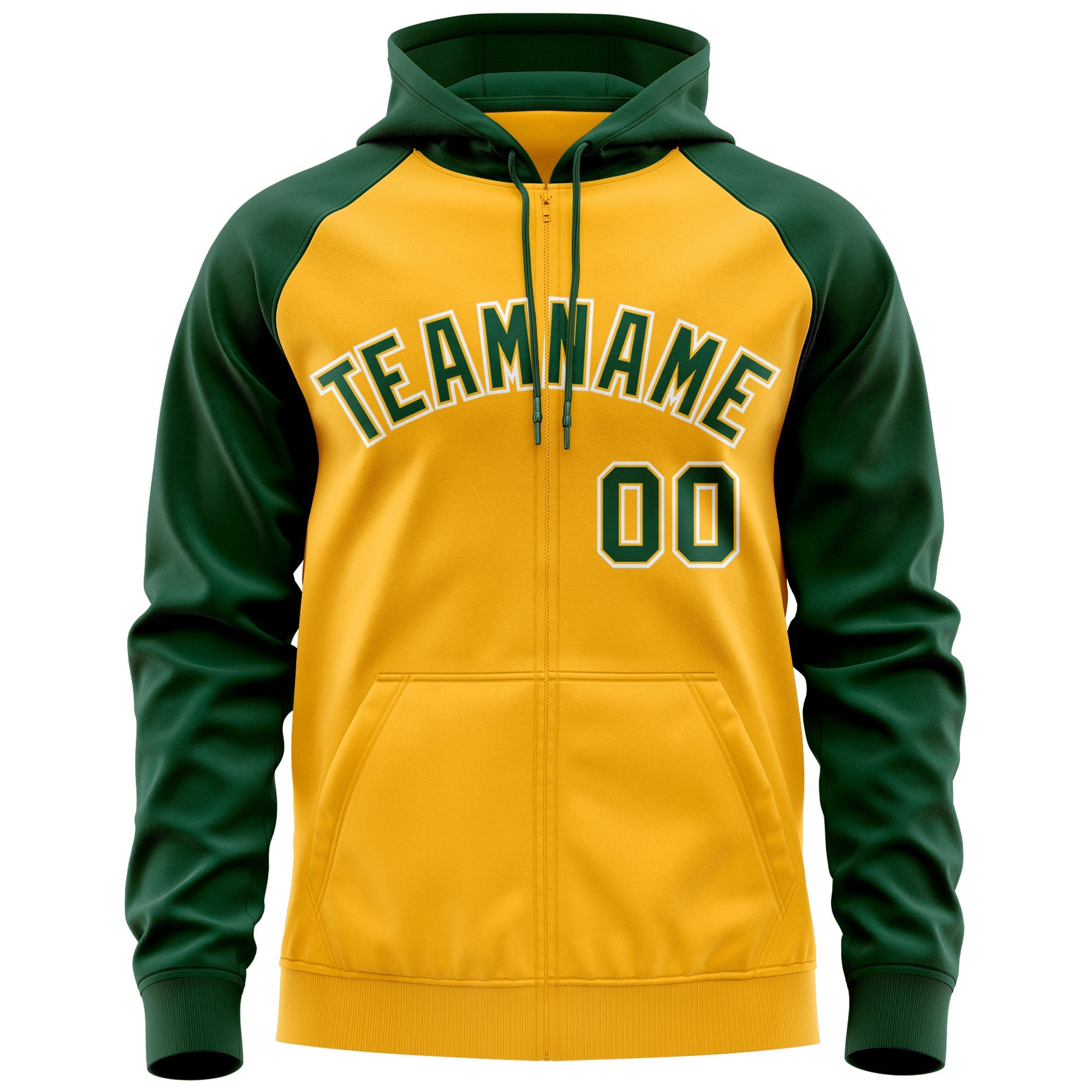 Custom Stitched Gold Green-White Raglan Sleeves Sports Full-Zip Sweatshirt Hoodie