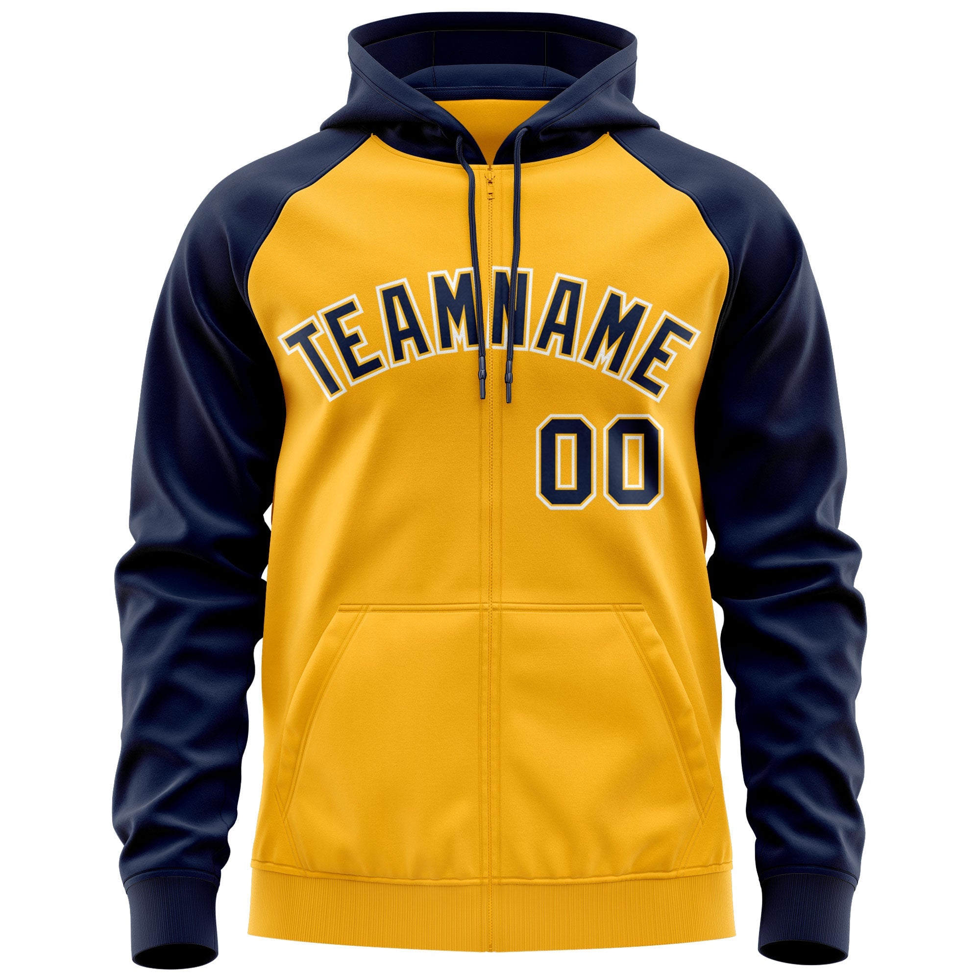 Custom Stitched Gold Navy-White Raglan Sleeves Sports Full-Zip Sweatshirt Hoodie