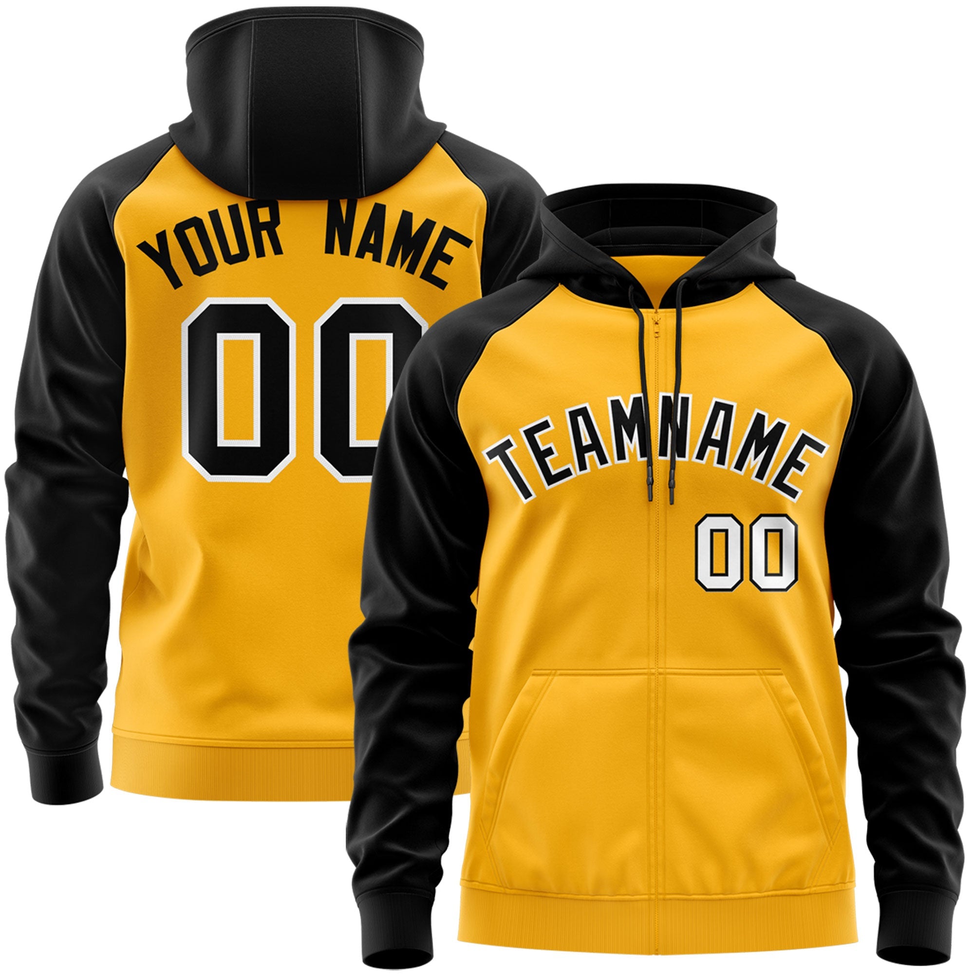 Custom Stitched Gold Black-White Raglan Sleeves Sports Full-Zip Sweatshirt Hoodie