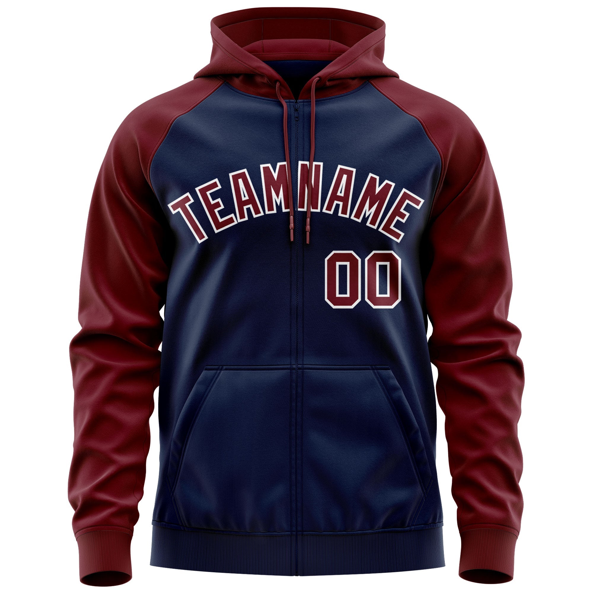 Custom Stitched Navy Crimson-White Raglan Sleeves Sports Full-Zip Sweatshirt Hoodie