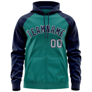 Custom Stitched Aqua Navy-Gray Raglan Sleeves Sports Full-Zip Sweatshirt Hoodie