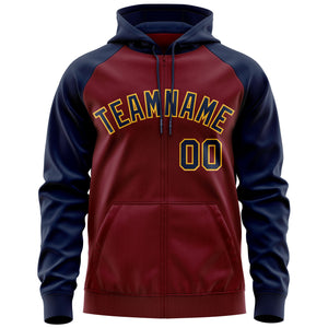 Custom Stitched Crimson Navy-Gold Raglan Sleeves Sports Full-Zip Sweatshirt Hoodie