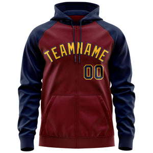 Custom Stitched Crimson Gold-Navy Raglan Sleeves Sports Full-Zip Sweatshirt Hoodie