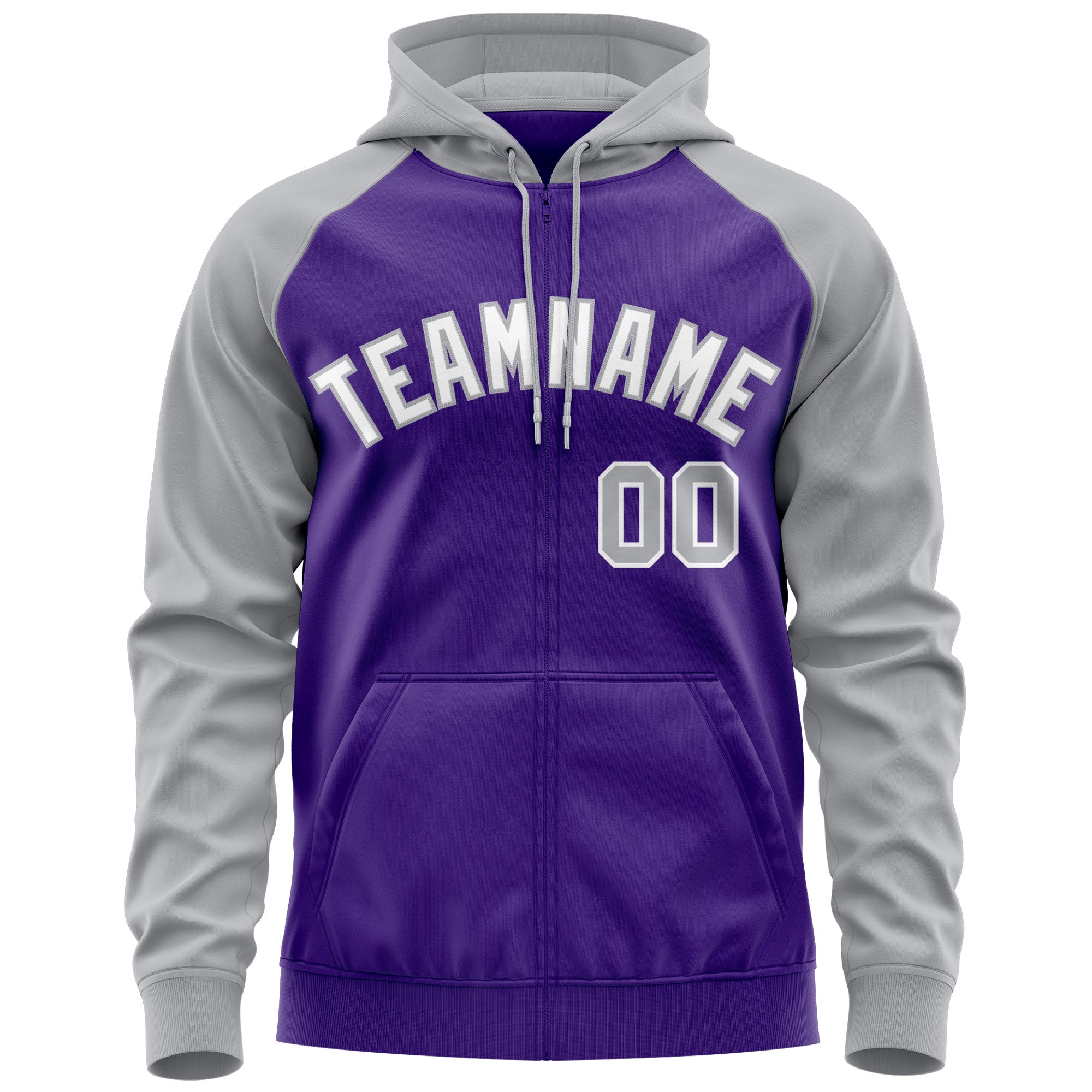 Custom Stitched Purple White-Gray Raglan Sleeves Sports Full-Zip Sweatshirt Hoodie