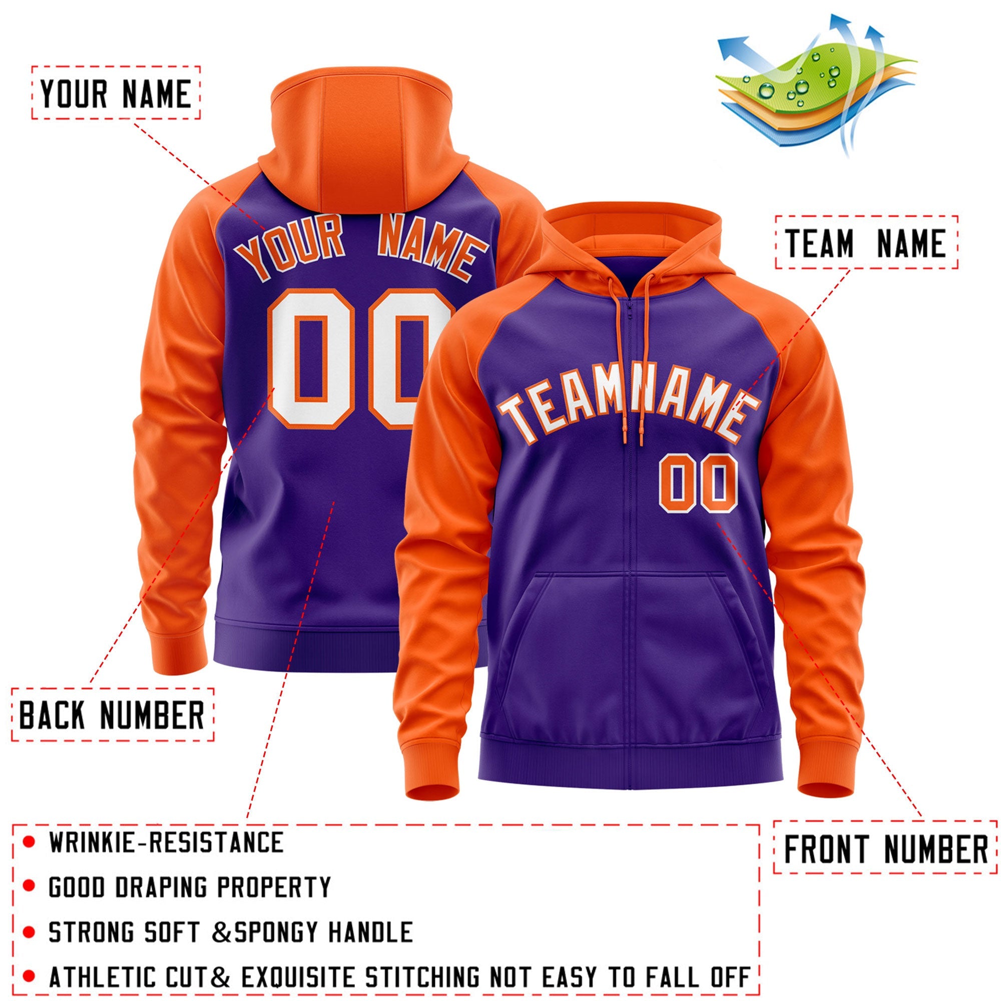 Custom Stitched Purple Orange Raglan Sleeves Sports Full-Zip Sweatshirt Hoodie