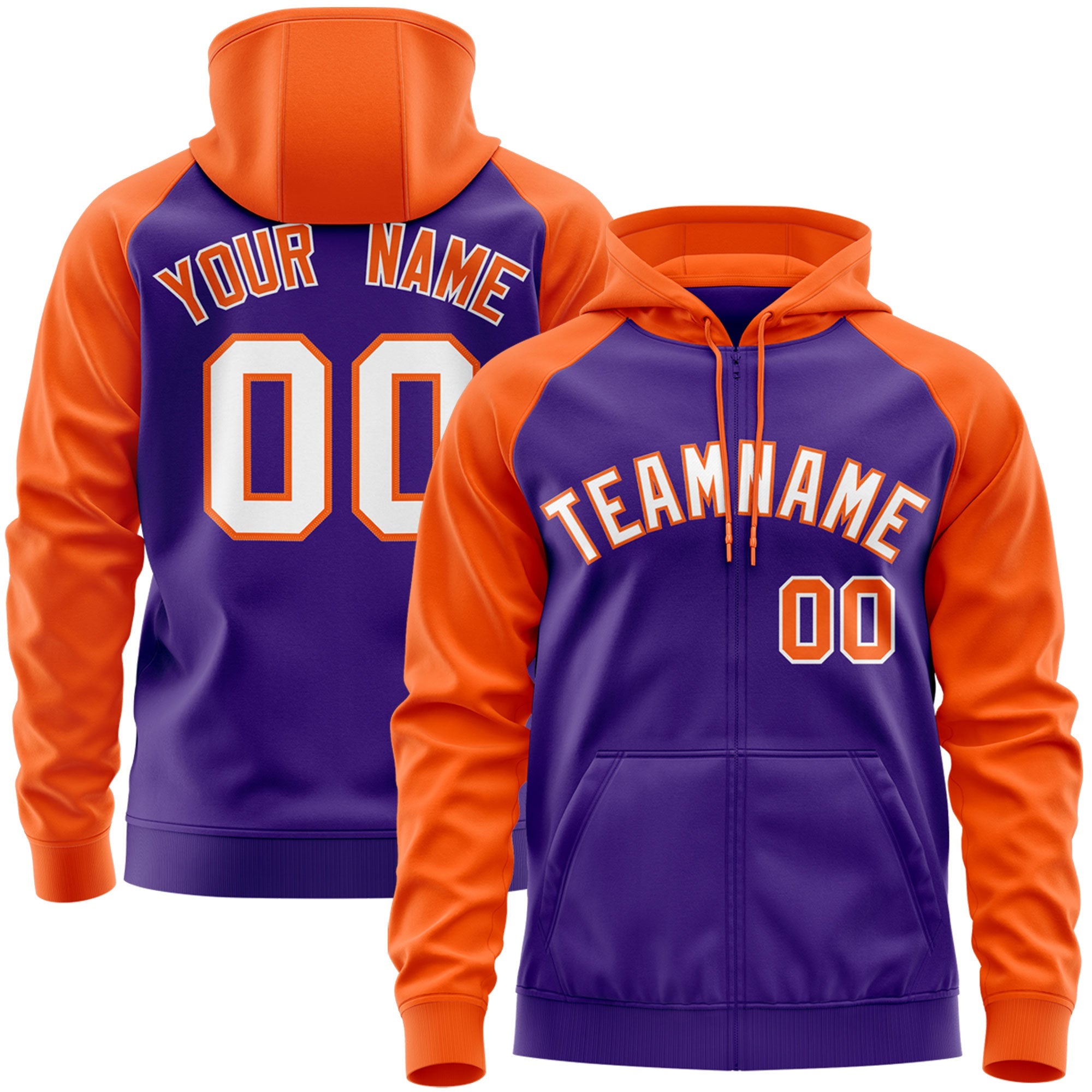 Custom Stitched Purple Orange Raglan Sleeves Sports Full-Zip Sweatshirt Hoodie