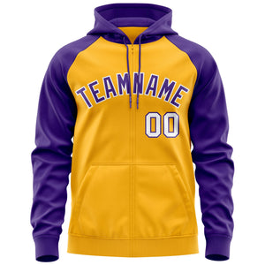 Custom Stitched Gold Purple-White Raglan Sleeves Sports Full-Zip Sweatshirt Hoodie