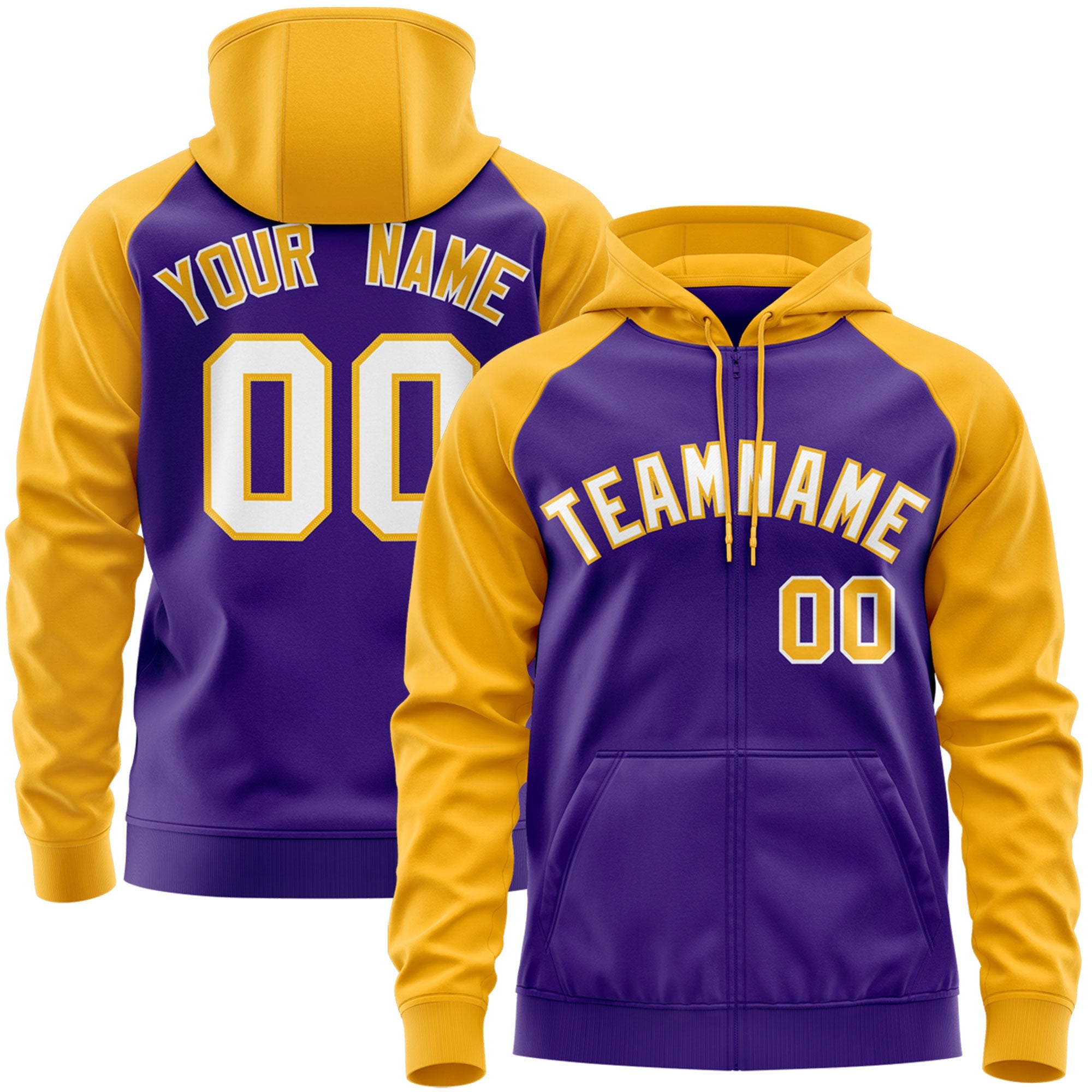 Custom Stitched Purple Gold Raglan Sleeves Sports Full-Zip Sweatshirt Hoodie