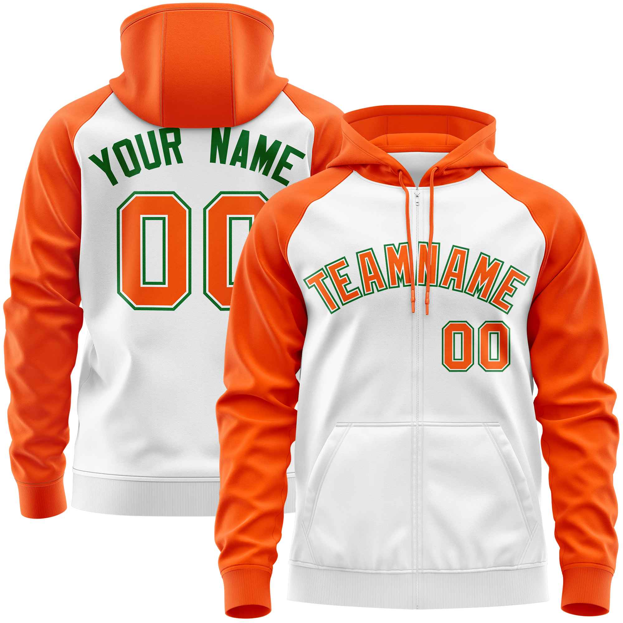 Custom Stitched White Orange Raglan Sleeves Sports Full-Zip Sweatshirt Hoodie