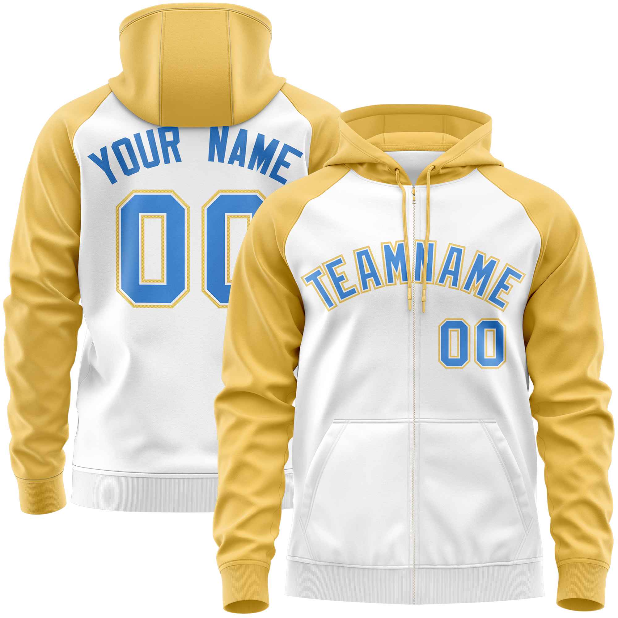 Custom Stitched White Yellow-Powder Blue Raglan Sleeves Sports Full-Zip Sweatshirt Hoodie