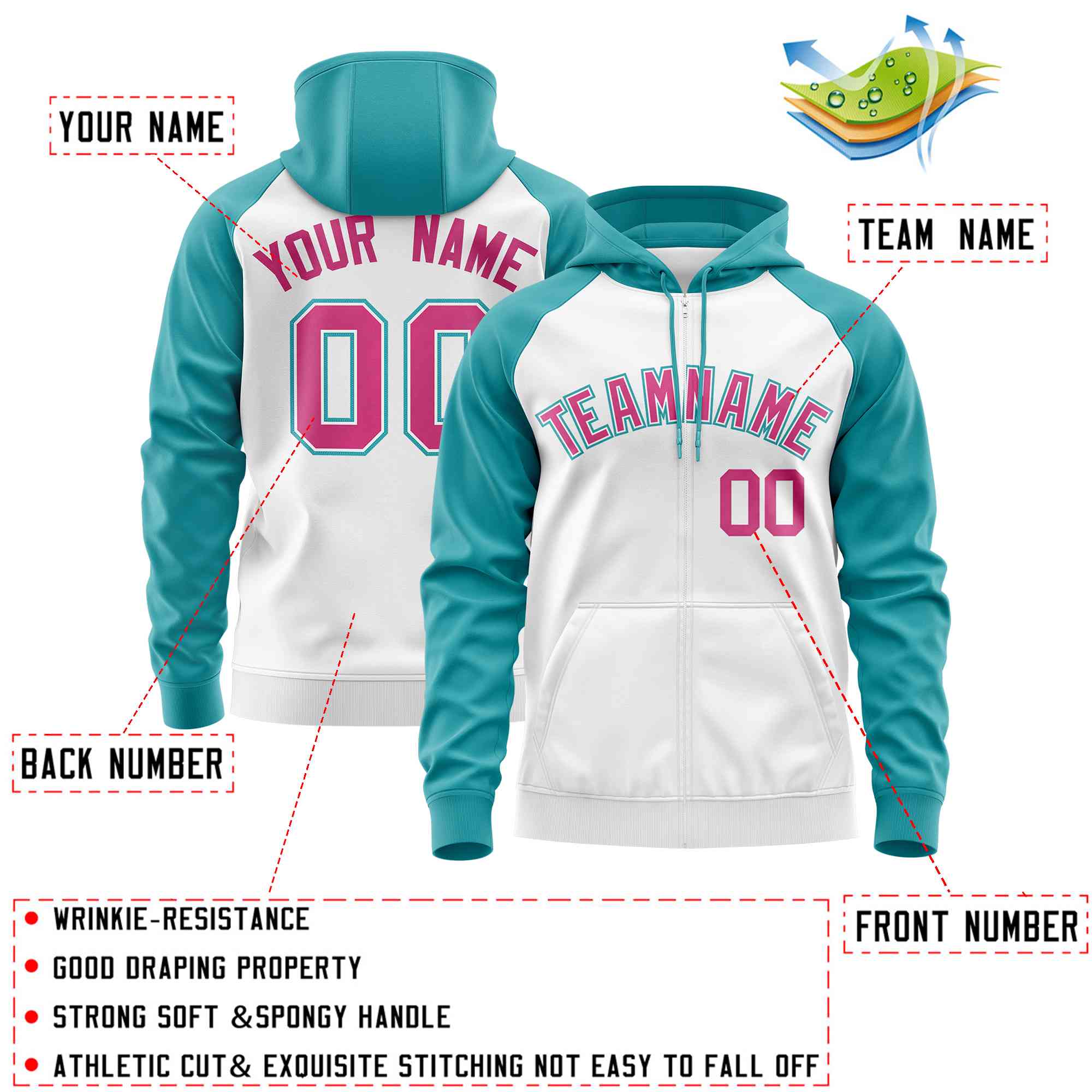 Custom Stitched White Aqua-Rose Red Raglan Sleeves Sports Full-Zip Sweatshirt Hoodie