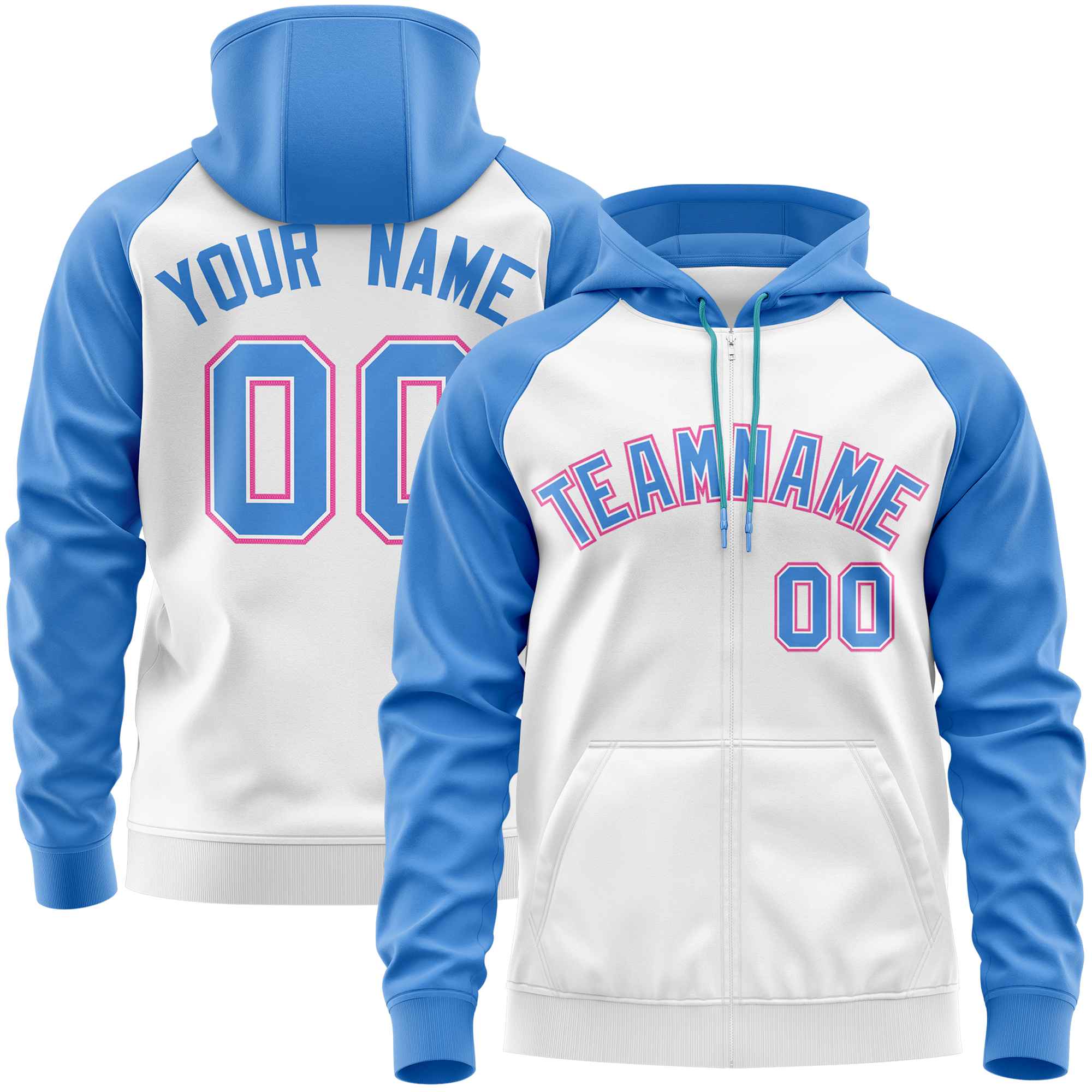 Custom Stitched White Powder Blue Raglan Sleeves Sports Full-Zip Sweatshirt Hoodie