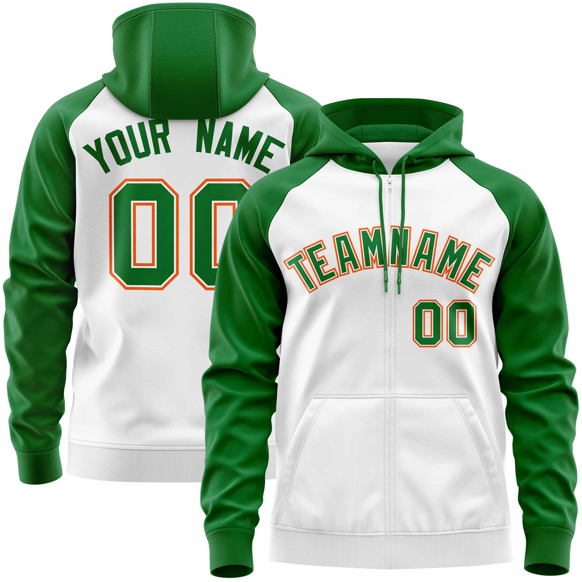 Custom Stitched White Kelly Green Raglan Sleeves Sports Full-Zip Sweatshirt Hoodie